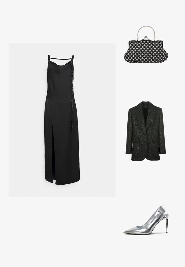 Luisa Spagnoli SOLO - Blazer - nero; Schwarzes ärmelloses Kleid mit einem Schlitz auf der Vorderseite, das eine glatte Oberfläche und ein dekoratives Bindedetail auf einer Seite aufweist. Einfaches, minimalistisches Design.; Silberne Slingback-Pumps mit High Heels, spitz zulaufender Zehenpartie und metallischem Finish. Verfügt über ein elegantes Design und minimalistische Akzente am Absatz.; Schwarze Abendclutch mit silbernem, perlenbesetztem Blumenmuster, Metallrahmen, Knebelverschluss und silbernem Metallgriff.