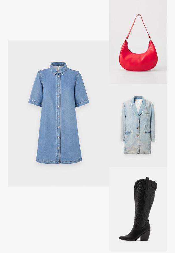 Lyseblå denim blazer med notch-krave, to forlommer og knaplukning. Har en afslappet pasform og synlige stikninger.; Denim skjortekjole, lyseblå, kortærmet, krave, knaplukning foran, knælang, syning detaljer på ærmerne, afslappet pasform.; Sorte knæhøje støvler i læder med spids snude og lagdelt hæl. Har dekorative syninger og buede designelementer.; Rød syntetisk læder skuldertaske med en buet form, slank rem og lynlås lukning. Glat tekstur med synlige syninger.