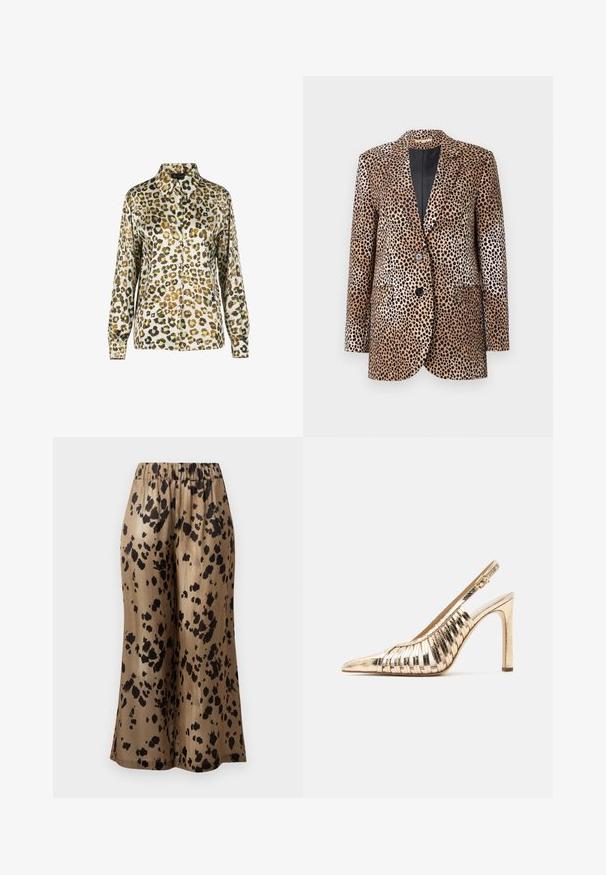 Leopardmønster blazer i beige og sort, med to knapper, slidser og sidelommer, lavet af et glat, blankt stof.; Bluse med leopardprint, kraveudskæring, lange ærmer og knaplukning foran. Stoffet har en glat og skinnende tekstur.; Brune mønstrede bukser med bred ben, prydet med et sort pletdesign, lavet af et skinnende stof, med en elastisk talje for komfort.; Guldmetallisk højhælet slingback-sko med spids tå og vævet remdesign på hvid baggrund.