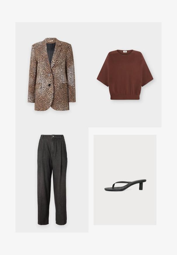 Leopardmønster blazer i beige og sort, med to knapper, slidser og sidelommer, lavet af et glat, blankt stof.; Brun kortærmet sweater med rund halsudskæring og ribkant i taljen, lagt fladt på en hvid baggrund.; Mørkegrå denimbukser med høj talje, læg foran, lige ben og enkelt knaplukning i taljen.; Sort hælsandal med tynde remme og tekstureret sål, med en lav cylindrisk hæl på en ensartet lys baggrund.