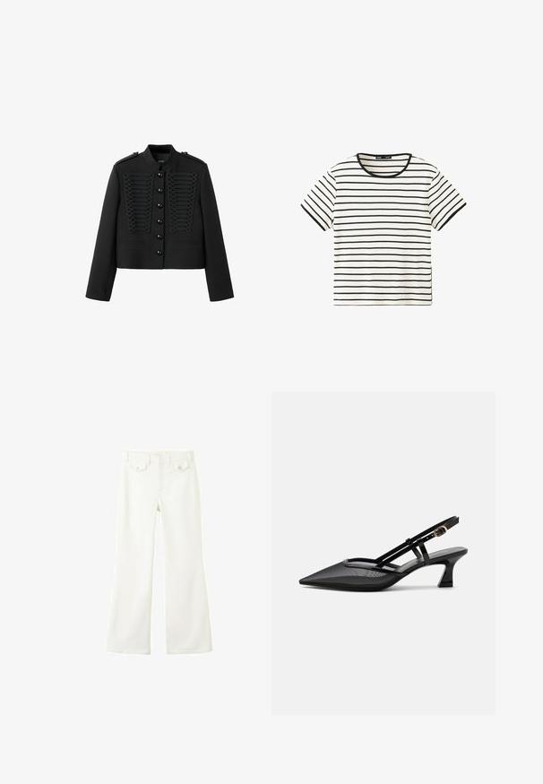 Veste noire style militaire avec bordure tressée décorative à l'avant, fermeture à boutons, col montant, épaulettes et manches longues.; Chemise blanche à manches courtes avec fines rayures noires horizontales et un col rond noir.; Pantalon blanc taille haute avec jambes évasées, bouton et fermeture éclair à l'avant, et deux poches à rabat avec boutons à la taille devant.; Chaussure slingback noire à bout pointu avec tige en mesh, fines brides, boucle dorée et petit talon incurvé sur fond blanc.