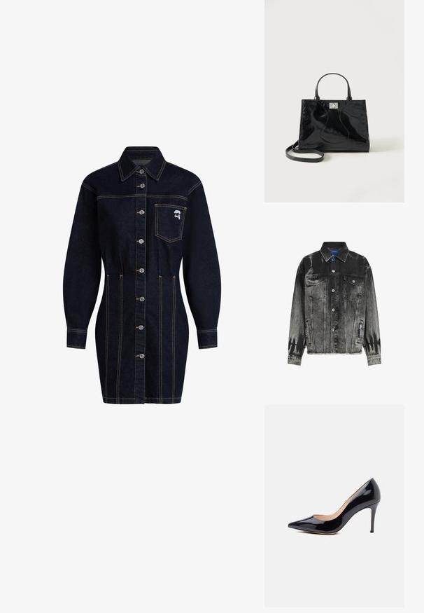 Schwarze und graue Jeansjacke mit einem verblassten Muster, zwei Brusttaschen, Druckknöpfen und einem ausgefransten Saum. Verfügt über ein Etikett an der Seite.; Dunkelblaues Jeanshemdkleid mit Kragen, Knöpfen auf der Vorderseite und langen Ärmeln. Verfügt über eine Brusttasche und gelbe Stichakzente.; Schwarze Lackleder-Pumps mit einer spitzen Zehe, schlanker Stiletto-Absatz und glatter Oberfläche. Das Innere ist beige. Klassisches Design.; Schwarze Handtasche aus Lackleder mit abgerundeten Griffen, abnehmbarem Schulterriemen und silberner Verschlussklammer auf einfachem weißem Hintergrund.
