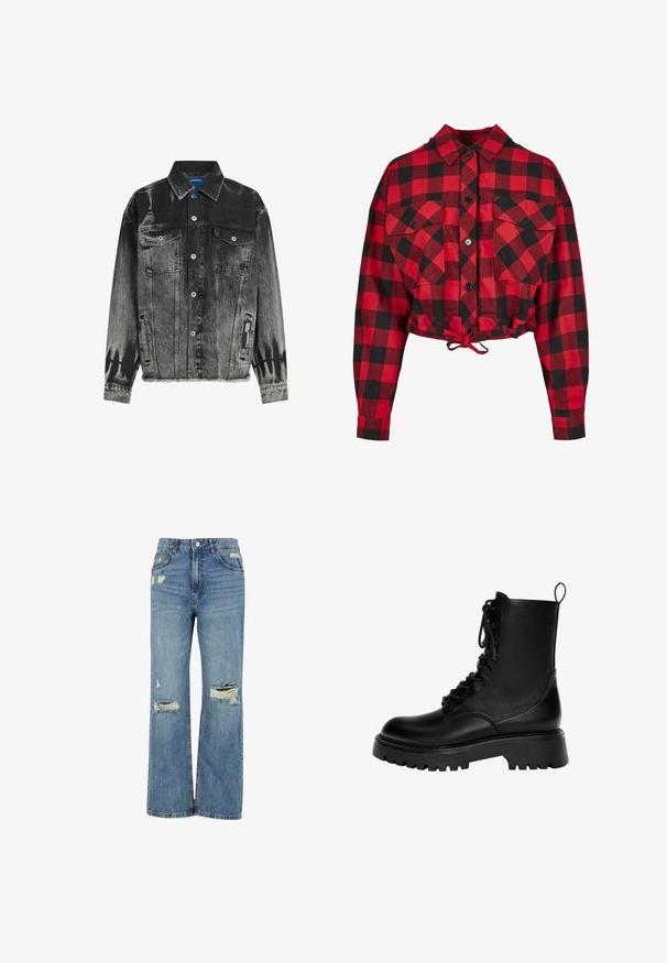 Veste en denim noir et gris avec un motif délavé, deux poches poitrine, des boutons-pression et un ourlet effiloché. Présente une étiquette sur le côté.; Veste courte en tartan rouge et noir, dotée d'une fermeture à boutons, de deux poches poitrine et d'un cordon de serrage ajustable à l'ourlet. Manches longues.; Jean en denim bleu clair avec une taille haute, coupe large, déchirures effilochées au niveau des genoux et design classique à cinq poches.; Botte de cheville noire à lacets en cuir synthétique, dotée d'une semelle épaisse, d'une languette et de détails de couture prononcés.