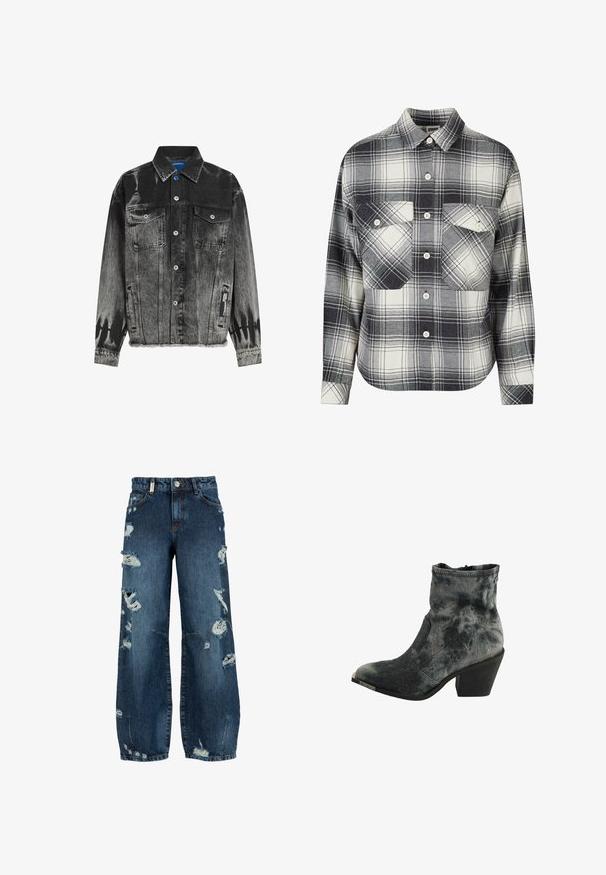Sort og grå denimjakke med et falmet mønster, to brystlommer, trykknapper og en frynset kant. Har et mærke på siden.; Rutet flannel skjorte i sort, hvid og grå. Har knaplukning foran, to brystlommer og lange ærmer med knapmansjetter.; Blå højtaljede viddeben jeans med flere slidte rifter og frynsete detaljer foran og på benene.; Sort og grå tekstureret ankelstøvle med spids tå, lav stablet hæl og lynlås lukning bagpå.