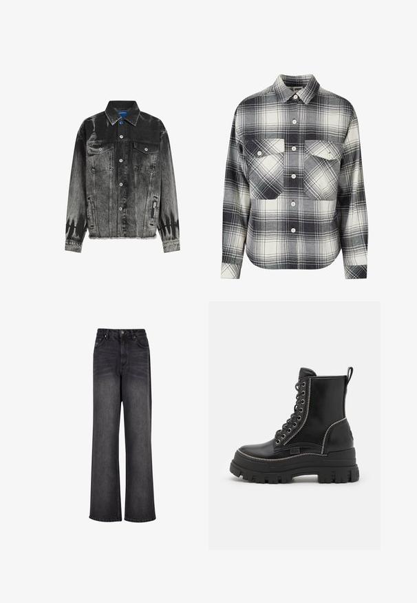 Schwarze und graue Jeansjacke mit einem verblassten Muster, zwei Brusttaschen, Druckknöpfen und einem ausgefransten Saum. Verfügt über ein Etikett an der Seite.; Karierte Flanellhemd in Schwarz, Weiß und Grau. Mit Knopfverschluss, zwei Brusttaschen und langen Ärmeln mit geknöpften Manschetten.; Schwarze Denim-Jeans mit weitem Bein und glatter Textur, mit hoher Taille, seitlichen Taschen und einer Knopfverschluss.; Schwarze Leder-Ankle-Boots mit einer massiven Gummisohle, mit Schnürung an der Vorderseite, seitlichem Reißverschluss und silbernen Reißverschlusselementen.
