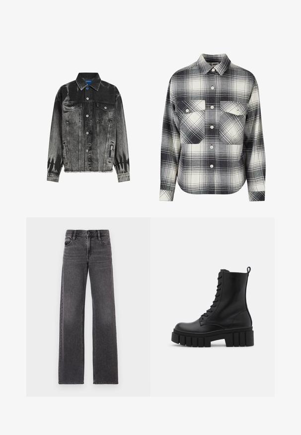 Sort og grå denimjakke med et falmet mønster, to brystlommer, trykknapper og en frynset kant. Har et mærke på siden.; Rutet flannel skjorte i sort, hvid og grå. Har knaplukning foran, to brystlommer og lange ærmer med knapmansjetter.; Mørkegrå brede jeans lavet af denim, med en frontknap, to baglommer og kontrastsyninger langs sømmene.; Sort læderankelstøvle med kraftig, rillede sål, snørebånd foran og løftestrop på glat hvid baggrund.