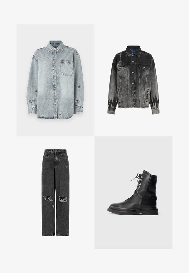 Sort og grå denimjakke med et falmet mønster, to brystlommer, trykknapper og en frynset kant. Har et mærke på siden.; Lyseblå denimskjorte med lange ærmer, knaplukning foran, enkelt brystlomme og krydsbroderi detaljer på ærmerne.; Sorte højtaljede brede bukser af jeans med rifter på knæene og slidte detaljer på en hvid baggrund.; Sort læder ankelstøvle med snørre i front, sølv øjer, tekstureret sort gummisål og polstret krave for komfort.