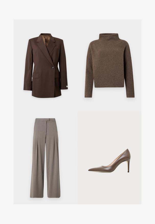 Blazer ajusté marron foncé à un seul bouton avec revers crantés, poches avant à rabat et manches longues sur un fond clair.; Pull marron court avec un col haut à revers, des manches longues et un tissu doux et texturé. Design minimaliste sans matériel visible.; Pantalons à jambe large en tissu marron clair, dotés de plis, d'un devant plat et d'un ourlet net. Texture lisse avec un léger éclat.; Chaussure à talon haut en cuir marron à bout pointu avec un talon aiguille fin et une finition lisse sur un fond clair.