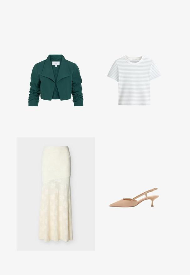 Donkergroene cropped blazer met brede revers en gerimpelde lange mouwen van VILA.; Witte crop top met korte mouwen, dunne horizontale zwarte strepen en een ronde hals, plat weergegeven op een witte achtergrond.; Ivoorkleurige lange rok met subtiel bloemenpatroon, aansluitend bij de taille en heupen, die zachtjes uitloopt naar de zoom.; Puntige, naakte slingback hakken met een lage kitten heel, gemaakt van glanzend materiaal, met een slanke band en een verstelbare gesp.