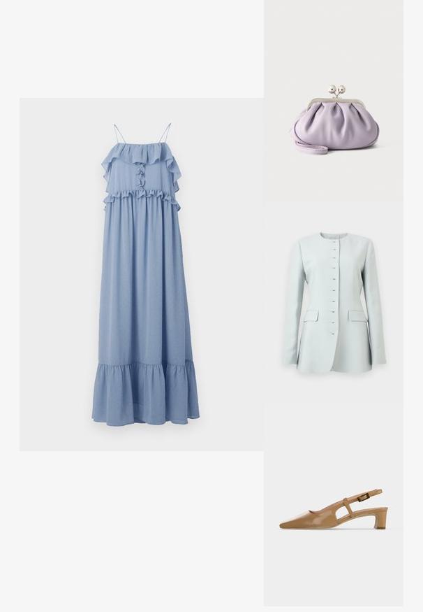 Lichtblauw damesblazer met lange mouwen, ronde halslijn, haak- en oogsluitingen, en klepzakken aan beide zijden.; Hofmann Copenhagen CECILY - Maxi-jurk - lavender blue; Beige lakleren slingback schoen met spits toelopende neus, lage blokhak en verstelbare gespband op een witte achtergrond.; Zachte lavendelkleurige clutch met geplooide stof, zilveren kiss-lock sluiting en bijpassend polsbandje op een effen lichte achtergrond.