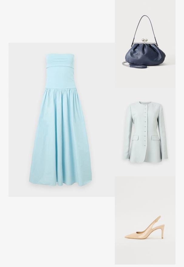 Blazer pour femme bleu clair avec manches longues, encolure ronde, fermetures à crochet et œil, et poches à rabat des deux côtés.; Robe maxi bleu clair sans bretelles avec taille froncée et jupe ample et fluide sur un fond neutre.; Escarpin slingback en cuir verni nude avec un bout pointu, un décolleté ouvert et un talon aiguille fin. Comprend un accent doré circulaire sur la sangle.; Sac à main en cuir bleu marine doux avec fermeture à boucle argentée, une seule bandoulière, et une chaîne de poignet amovible sur fond blanc.