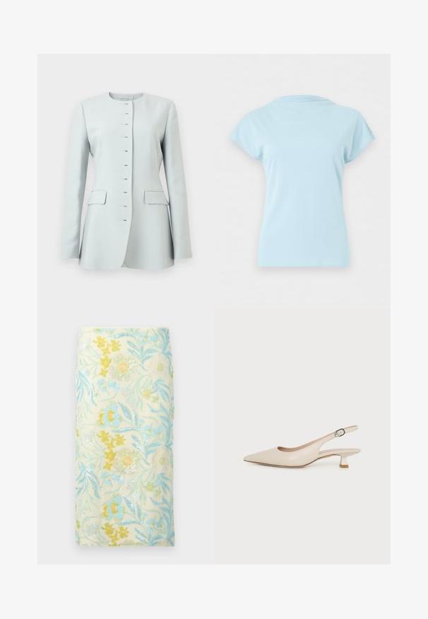 Blazer pour femme bleu clair avec manches longues, encolure ronde, fermetures à crochet et œil, et poches à rabat des deux côtés.; T-shirt bleu clair à manches courtes et col rond, présenté à plat sans logos ni motifs visibles sur un fond blanc uni.; Jupe crayon brodée de fleurs en crème, ornée de sequins multicolores, avec des motifs floraux bleus et jaunes détaillés ainsi que des feuilles.; Chaussure slingback beige à bout pointu avec un petit talon kitten et une boucle latérale réglable sur fond blanc uni.
