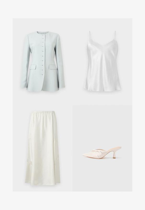 Blazer pour femme bleu clair avec manches longues, encolure ronde, fermetures à crochet et œil, et poches à rabat des deux côtés.; Haut camisole en satin blanc avec fines bretelles spaghetti et décolleté en V, présenté à plat sur un fond neutre.; Longue jupe blanche avec taille élastique et inserts subtils en dentelle sur les côtés inférieurs, présentée sur un fond uni.; Chaussure mule en tissu beige clair avec un design noué à l'avant, bout pointu et talon fin et effilé. Texture lisse dans l'ensemble.