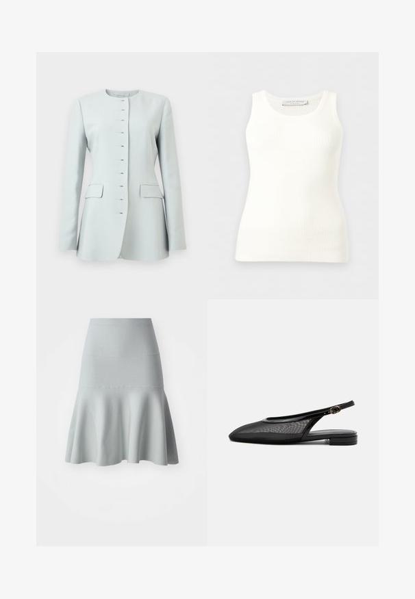 Lichtblauw damesblazer met lange mouwen, ronde halslijn, haak- en oogsluitingen, en klepzakken aan beide zijden.; Witte geribbelde mouwloze tanktop met ronde hals, aansluitende pasvorm en merkembleem aan de binnenkant van de achterkant van de kraag.; Lichtblauwe uitlopende rok van een textuurstof. Heeft een aansluitende tailleband en een zachte, golvende zoom. Eenvoudig ontwerp zonder patronen.; Zwarte slingback platte schoen met puntige neus, mesh bovenwerk, verstelbare gespsluiting en lage gestapelde hak op witte achtergrond.