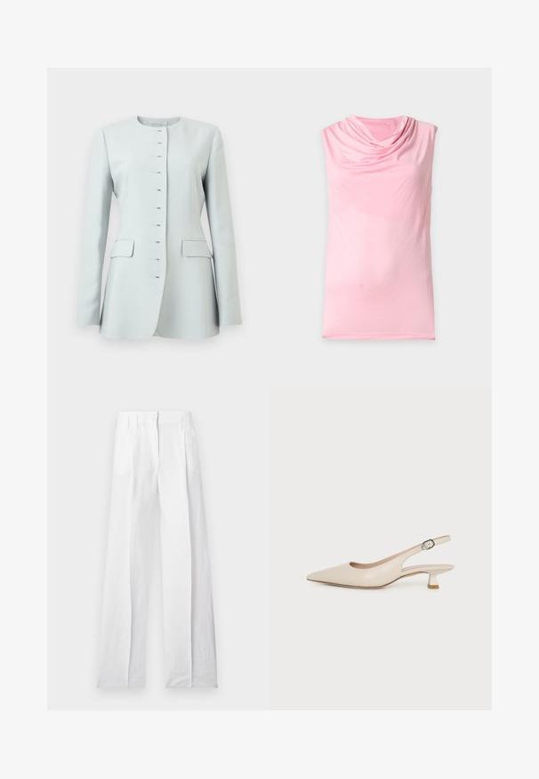 Blazer pour femme bleu clair avec manches longues, encolure ronde, fermetures à crochet et œil, et poches à rabat des deux côtés.; Haut sans manches rose clair avec un col bénitier drapé, tissu lisse et sans motifs ni décorations visibles.; Pantalon blanc taille haute à jambes larges avec plis, passants pour ceinture et fermeture avant dissimulée, présenté sur un fond uni.; Chaussure slingback beige à bout pointu avec un petit talon kitten et une boucle latérale réglable sur fond blanc uni.