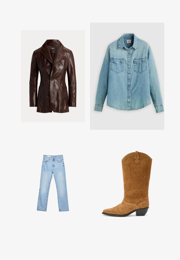 Brun læderblazer med en reverskrave, to frontlommer og lukkes med en enkelt knap. Glat tekstur med en semi-glans finish.; Lyseblå denimskjorte med klassisk krave, knaplukning foran, to brystlommer og manchetter med knap samt en let buet kant forneden.; Lyseblå denimjeans med lige pasform, fem-lomme-design og synlig syning. Mellem-høj talje med klassisk knap- og lynlåslukning.; Brune ruskinds cowboystøvle med spids tå, buet topkant, dekorativ søm og en lav stablet hæl. Den strukturerede overflade har blomstermønstre.