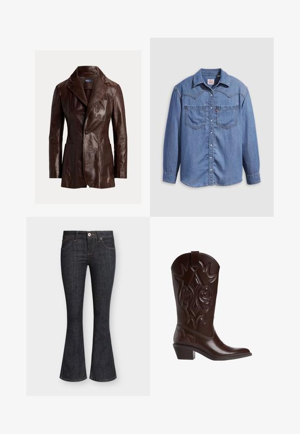 Brun læderblazer med en reverskrave, to frontlommer og lukkes med en enkelt knap. Glat tekstur med en semi-glans finish.; Lyseblå denimskjorte med spidst krave, to brystlommer og trykknapper. Har et western-inspireret stykke på skuldrene.; Mørkeblå vidde denimjeans med knapper foran, bæltestropper og forlommer på hvid baggrund.; Brun cowboystøvle i læder med indviklede sømme, spids snude og stablet hæl. Har en træktab i toppen for nem påtagning.