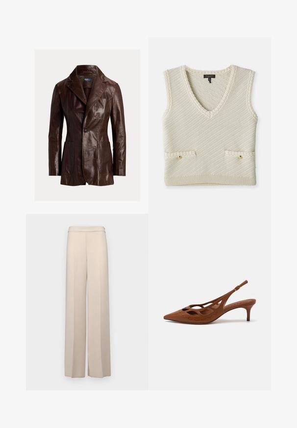 Brun læderblazer med en reverskrave, to frontlommer og lukkes med en enkelt knap. Glat tekstur med en semi-glans finish.; Strikket ærmeløs vest i creme med V-hals, der har diagonal tekstur, to forlommer med guldknapper og strikkede kantdetaljer.; Beige vidde bukser i et glat stof med høj talje og subtile frontfolder. Ingen lommer eller synlige hardware detaljer.; Brune læderslingback med spids tå, udskæringsdesign og stikninger. Har en slank hæl og justerbar rem.