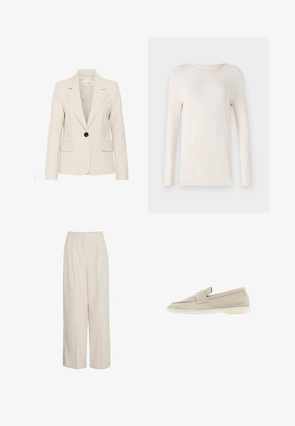 Beige blazer med en skræddersyet pasform, enkelt sort knaplukning, klapkraver, to forlommer og glat, struktureret stof.; Langermet skjorte i off-white, lavet af blødt materiale, med rund halsudskæring og et enkelt, tætsiddende design. Glat tekstur, ingen mønstre.; Højtaljede cremede bukser med brede ben og pressefolder, lavet af glat stof, med et rent design og skræddersyet pasform.; Lys beige suede loafers med en lav hvid sål, afrundet tå og en syet rem henover toppen.
