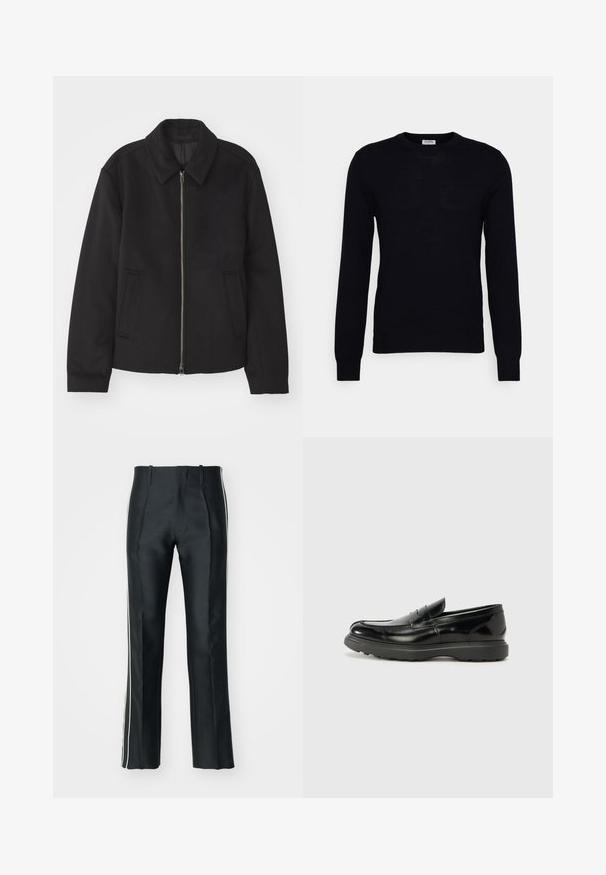 Chaqueta negra con cierre de cremallera, diseño ajustado, cuello redondeado y bolsillos con abertura. Fabricada en un tejido suave y texturizado.; Suéter negro de manga larga hecho de un suave material de punto. Escote redondo, puños y dobladillo acanalados. Diseño minimalista sin patrones ni botones visibles.; Pantalones de satén negros con corte ajustado, que presentan franjas laterales blancas. Diseñados con una pierna acampanada y pliegues frontales para un detalle adicional.; Mocasín de cuero negro con un acabado brillante, punta redondeada, detalles de costura sutiles y una suela de goma gruesa para mayor durabilidad.