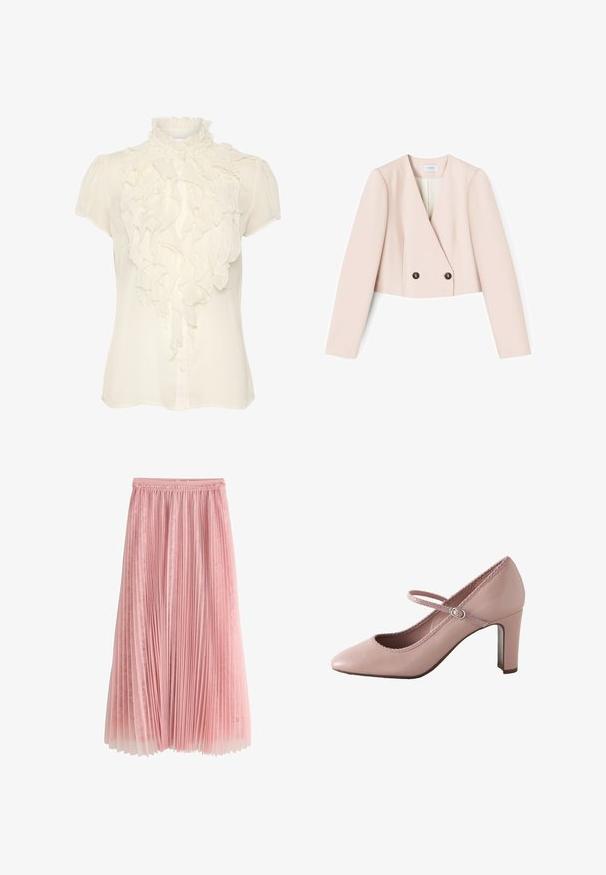 Blazer entallado corto de color rosa pálido con mangas largas, escote en V y dos botones negros en la parte delantera.; Blusa crema fabricada en tejido ligero, con un frente con volantes, cuello alto, mangas cortas y cierre de botones.; Falda midi plisada rosa con una capa inferior de encaje y cinturilla fruncida, mostrada sobre un fondo blanco.; Zapato de tacón alto de cuero rosa con puntera redondeada, correa en el tobillo y borde festoneado. Cuenta con un tacón bloque delgado para mayor soporte.