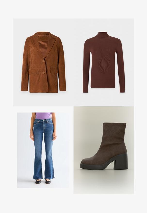 Blazer en daim marron avec un col cranté, deux poches avant, fermeture à un bouton et doublure en satin lisse.; Pull marron à manches longues en maille côtelée avec col roulé et silhouette ajustée sur un fond blanc uni.; Femme portant un jean bootcut bleu taille haute, des ballerines noires et un t-shirt violet à manches courtes, debout devant un fond clair uni.; Bottine en daim marron avec une semelle plateforme noire épaisse et un talon haut massif sur fond neutre.