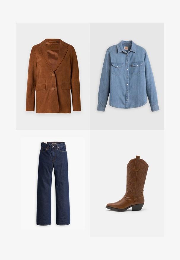 Brun ruskindjakke med slagkrave, to frontlommer, enkeltknap lukning og glat satinforing.; Lyseblå denimskjorte med lange ærmer, knapper foran, to brystlommer og klassisk krave. Glat tekstur og afslappet pasform.; Mørkeblå straight-leg denim jeans med fem lommer, orange syninger og knaplukning.; ONLY SHOES ONLBRONCO - Cowboy- / bikerstøvler - brown
