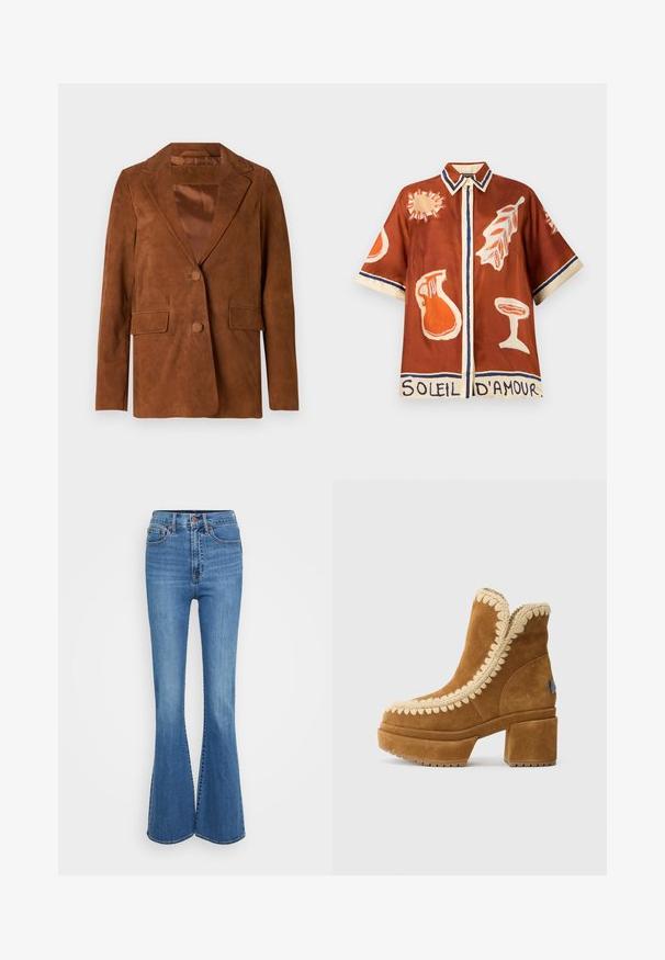 Blazer en daim marron avec un col cranté, deux poches avant, fermeture à un bouton et doublure en satin lisse.; Chemise marron à manches courtes avec col, présentant des motifs abstraits orange et crème de soleil, feuille, pichet et verre, avec le texte "SOLEIL D'AMOUR" à l'ourlet.; Jeans en denim bleu évasés avec une taille haute, dotés de poches cousues, d'un bouton en métal et d'une texture lisse. Design classique à cinq poches.; Bottines en daim marron avec une plateforme plate et un talon bloc. Présente un contour à motifs festonnés de couleur crème le long du bord supérieur et un accent de logo.