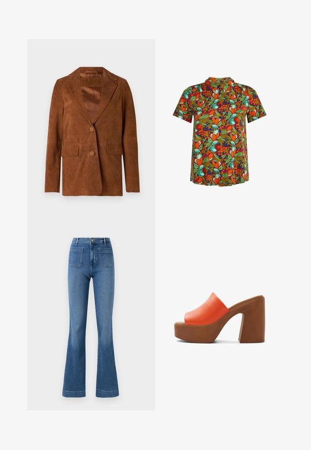 Blazer de ante marrón con solapa muesca, dos bolsillos frontales, cierre de un solo botón y forro de satén suave.; Camisa de manga corta con botones y un vibrante patrón de frutas y hojas en naranja, verde y azul verdoso sobre fondo oscuro.; Jeans acampanados de color azul hechos de mezclilla con una cintura de altura media, que cuentan con dos bolsillos traseros y un dobladillo limpio. Textura suave y diseño clásico.; Sandalia mule de plataforma para mujer con parte superior de cuero naranja y tacón alto grueso marrón, puntera abierta, estilo sin tirantes, vista lateral sobre fondo blanco.