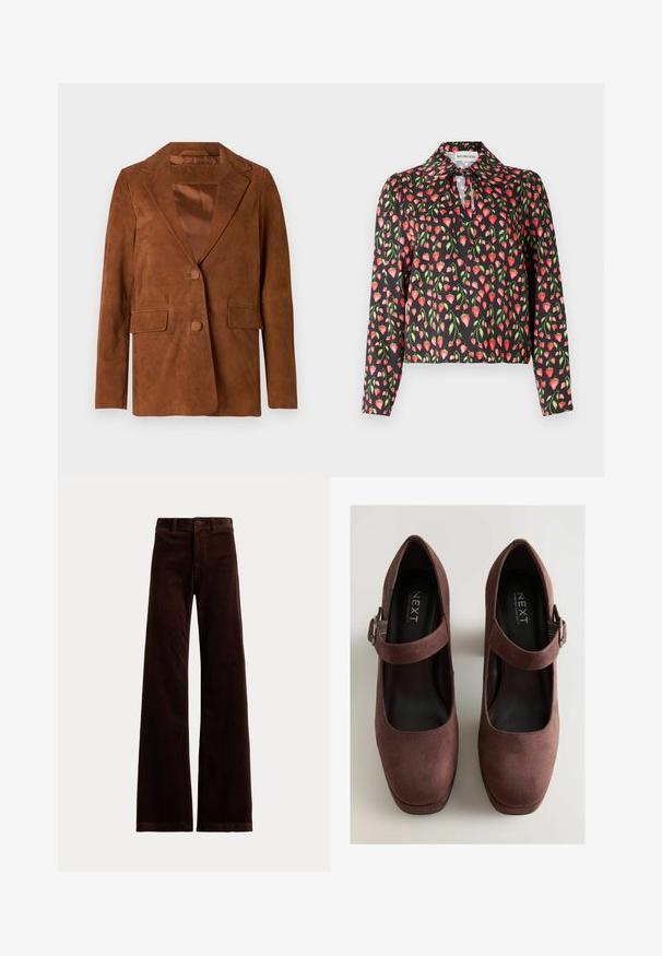 Bruine suède blazer met een notch-lapel, twee voorkezen, een enkele knoopsluiting en een soepele satijnen voering.; Zwarte blouse met een bloemenpatroon van rode aardbeien en groene bladeren, met een kraag en een sleutelgatopening bij de halslijn.; Donkerbruine wijdvallende ribfluwelen broek met lussen voor een riem en een knoopsluiting aan de voorkant op een effen achtergrond.; Bruine suede Mary Jane schoenen met een ronde neus, enkelbandje en een lage plateauhak, en voorzien van een gevoerde binnenkant voor comfort.