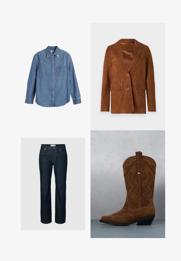 Brauner Wildlederblazer mit Reverskragen, zwei Vordertaschen, einer Knopfschließe und glatter Satinfütterung.; Hellblaues Denim-Hemd mit langen Ärmeln, spitzem Kragen, zwei Brusttaschen und kontrastierenden Nähten. Verfügt über ein Design mit Westernstil-Yoke.; Dunkelblaue Straight-Leg-Denimjeans mit fünf Taschen, Knopfverschluss und Kontrastnähten, dargestellt vor einfarbigem Hintergrund.; Brauner Wildleder-Cowboystiefel mit dekorativer Stickerei und einem Flaggenemblem am Schaft, stehend auf einem Boden aus Holzlatten im Freien.