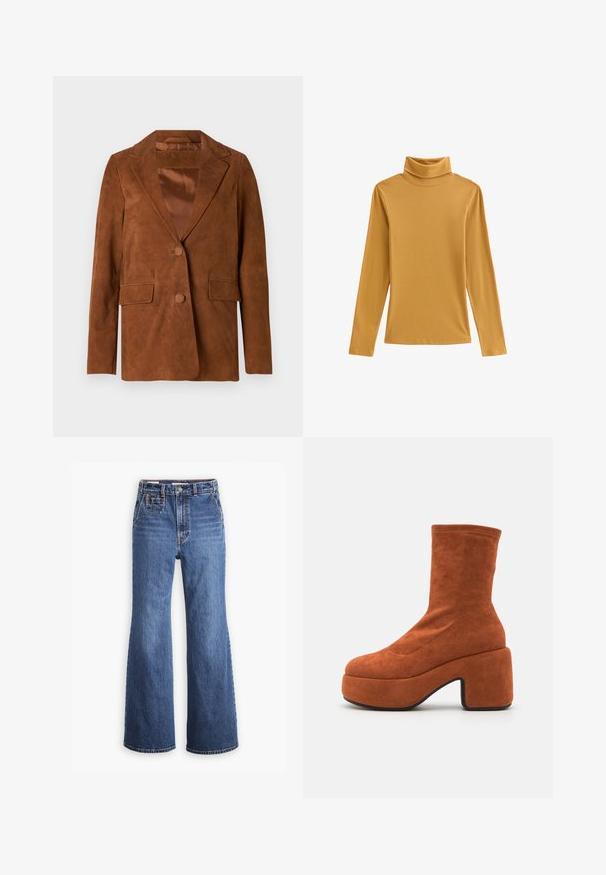 Brun ruskindjakke med slagkrave, to frontlommer, enkeltknap lukning og glat satinforing.; Sennepsgul turtleneck top af ribstrikket stof med lange ærmer og en tætsiddende pasform. Glat tekstur med høj hals.; Højtaljede blå denimjeans med bred ben-design, som har en frontlomme, messingknaplukning og kontrastsyninger.; Brune ruskind ankelstøvler med blokhæl og platformssål. Overdelen har en glat tekstur og syninger, der strækker sig til midten af læggen.