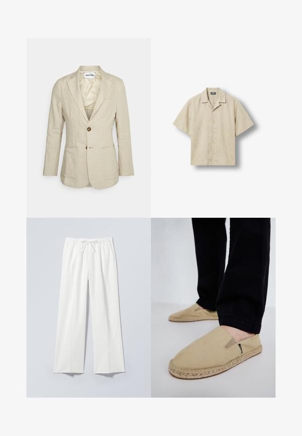 Heathe SINGLE BREASTED - Veste de costume - oat; Chemise beige à manches courtes avec col camp, cinq boutons sur le devant et étiquette de marque à l'intérieur du col.; Pantalon blanc à jambe large avec taille élastique et cordon de serrage, doté de poches latérales et d'un tissu lisse légèrement texturé.; Chaussures slip-on en toile beige avec des goring élastiques, semelle en corde de jute et coutures contrastantes. Portées avec un pantalon noir fuselé.