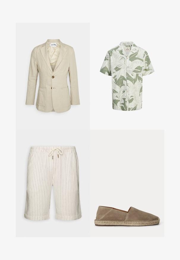Heathe SINGLE BREASTED - Veste de costume - oat; Chemise à manches courtes, blanche et vert clair, avec un motif de feuilles, dotée d'une poche et d'un col décontracté.; Shorts en mélange de lin couleur beige clair avec de légères rayures verticales marron. Dotés d'une taille élastique avec cordon de serrage et d'ourlets roulés.; Chaussure espadrille en daim beige avec semelle en jute tressée et bout fermé arrondi, vue de côté sur un fond uni.