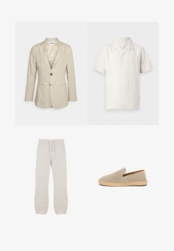 Heathe SINGLE BREASTED - Veste de costume - oat; Chemise en lin blanche à manches courtes, boutonnée, avec col classique et logo discret sur la poitrine, présentée sur fond uni.; Pantalons en lin beige clair avec une taille élastique et un cordon de serrage. Design à jambe droite avec une texture lisse et un léger rétrécissement aux chevilles.; Espadrille beige en daim à enfiler avec semelle enveloppée de jute et petit talon, vue latérale sur fond blanc.