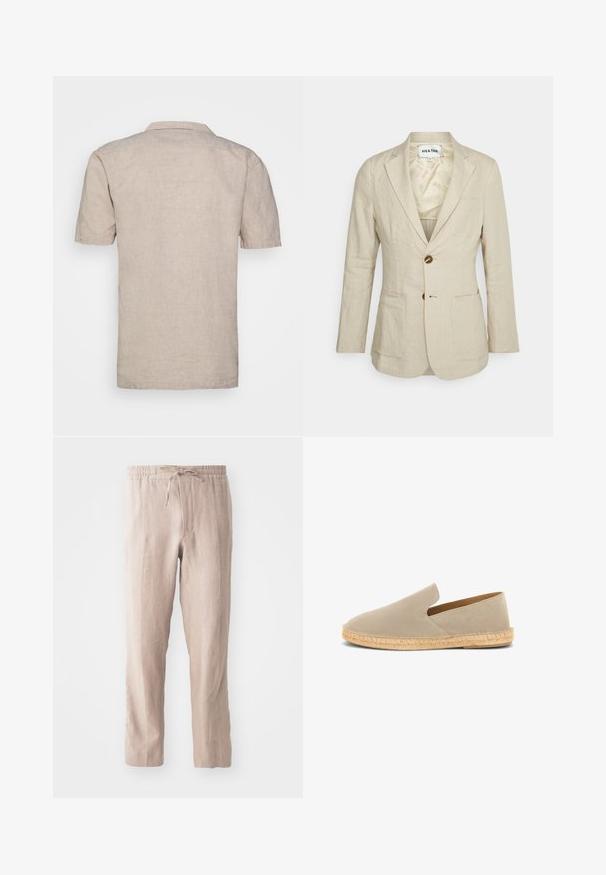 Heathe SINGLE BREASTED - Veste de costume - oat; Chemise en lin beige à manches courtes avec un col, dotée d'un tissu texturé et d'un ourlet droit, sans motifs visibles ni accents.; Pantalons en lin beige avec une taille élastique et un cordon de serrage. Design à jambe droite avec une texture douce et un style minimaliste.; Espadrille beige en daim à enfiler avec semelle enveloppée de jute et petit talon, vue latérale sur fond blanc.