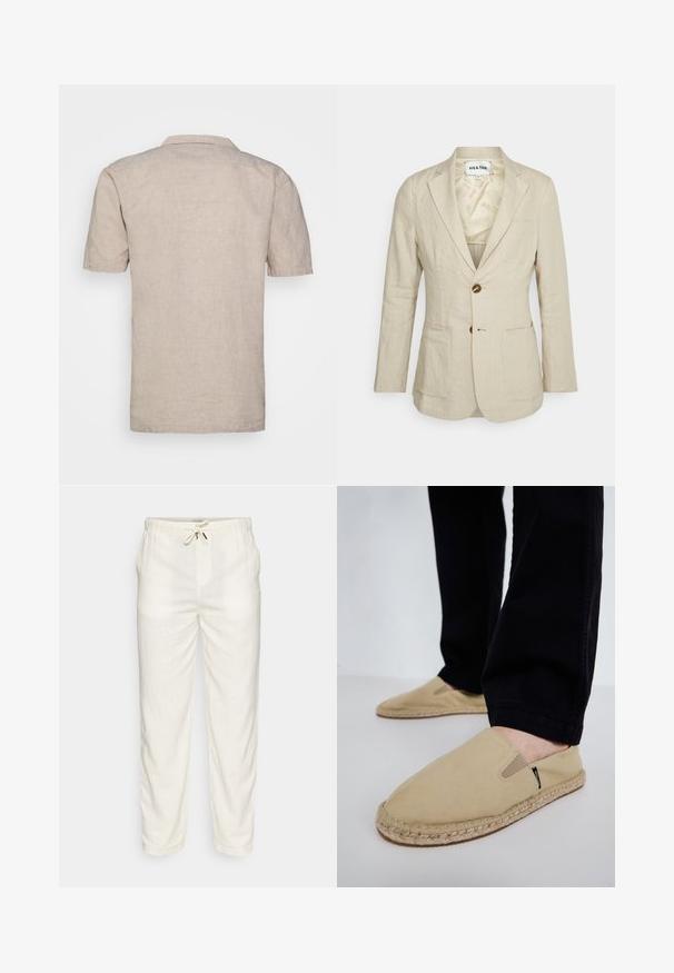 Heathe SINGLE BREASTED - Veste de costume - oat; Chemise en lin beige à manches courtes avec un col, dotée d'un tissu texturé et d'un ourlet droit, sans motifs visibles ni accents.; Denim Project DPMDPBAGGY LINEN BLEND PANTS - Pantalon classique - offwhite; Chaussures slip-on en toile beige avec des goring élastiques, semelle en corde de jute et coutures contrastantes. Portées avec un pantalon noir fuselé.
