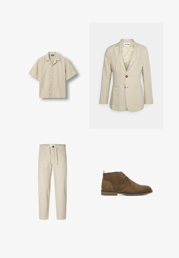 Heathe SINGLE BREASTED - Suit jacket - oat; Beige short-sleeve button-up shirt with camp collar, five buttons down front, and brand label inside collar.; Selected Slim Tapered Linen Blend - Trousers - vetiver; Brown suede ankle boot with three eyelets, rounded toe, pull tab at the heel, and flat rubber sole.