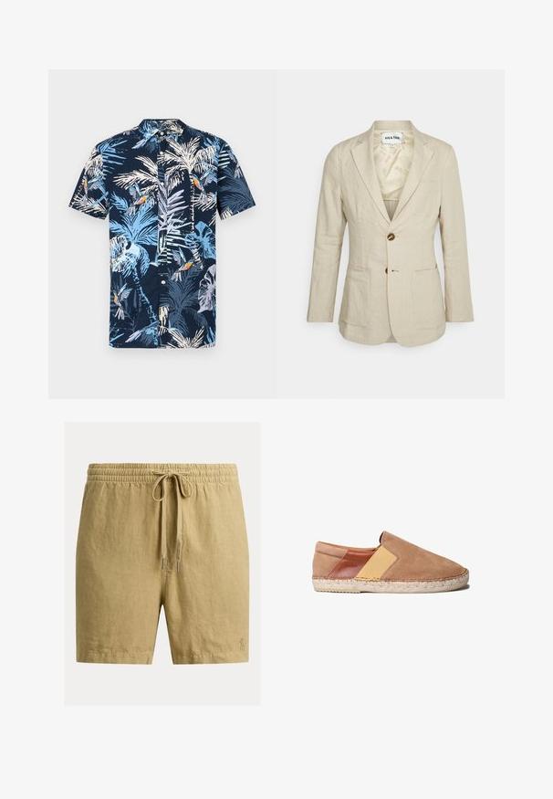 Heathe SINGLE BREASTED - Anzugsakko - oat; Hemd mit kurzen Ärmeln in Marineblau mit einem tropischen Druck aus hellblauen Palmblättern und bunten Vögeln. Mit Button-Down-Kragen.; Herren leichte braune Freizeithosen mit elastischem Bund, Kordelzug und dezent besticktem Logo am unteren linken Bein.; Herren-Slipper aus beigefarbenem Wildleder mit gewebter Sohle und elastischem Seitenteil vor weißem Hintergrund.