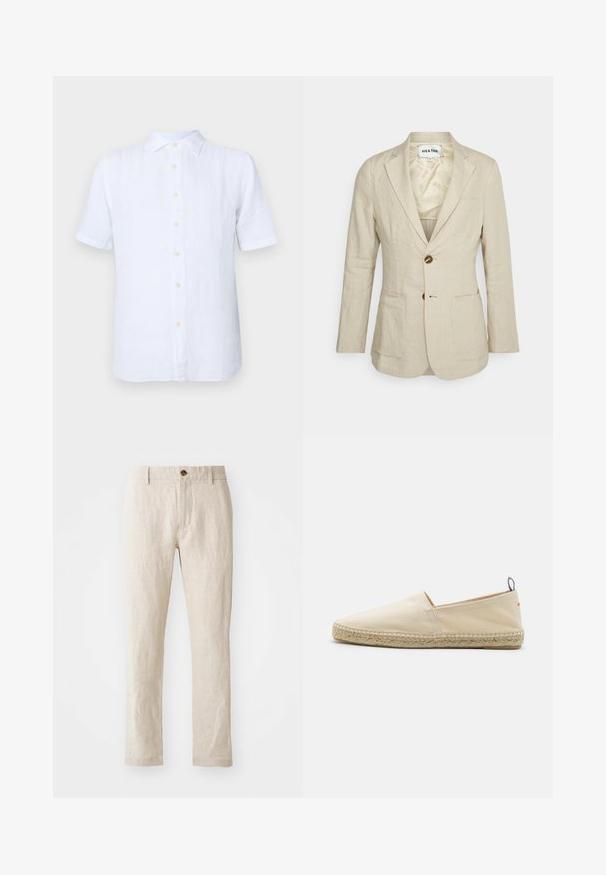 Heathe SINGLE BREASTED - Colbert - oat; Witte korte mouwen shirt van linnen, met een knoopsluiting aan de voorkant, een zachte textuur en een subtiele glans. De knopen zijn lichtgeel.; Beige linnen broek met een slim fit, voorzien van een enkele bruine knoopsluiting, rechte pijpen en een gestructureerde stofafwerking.; Beige canvas espadrille met een ronde neus, gevlochten jute zool en een kleine rode en blauwe accent op de hiel. Lichtgewicht zonder sluiting.