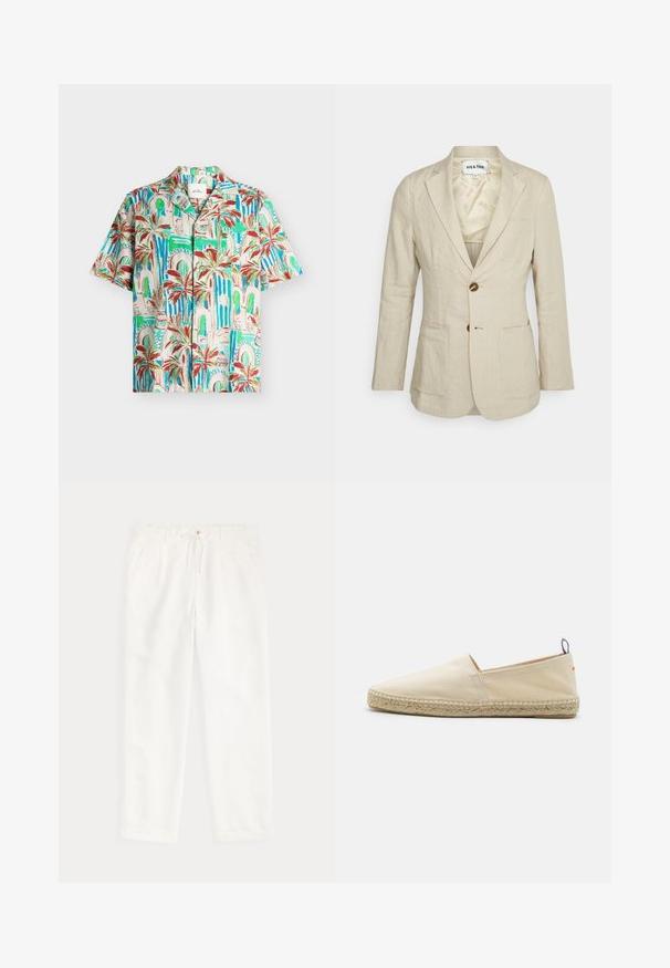 Heathe SINGLE BREASTED - Veste de costume - oat; Chemise à manches courtes boutonnée avec imprimé palmiers tropicaux et arcade en tons verts, bleus, rouges et beiges sur un fond clair.; Pantalon décontracté blanc avec taille à cordon et poches latérales, présenté à plat sur un fond clair.; Espadrille en toile beige avec un bout rond, semelle en jute tressé et un petit accent rouge et bleu sur le talon. Légère et sans fermeture.
