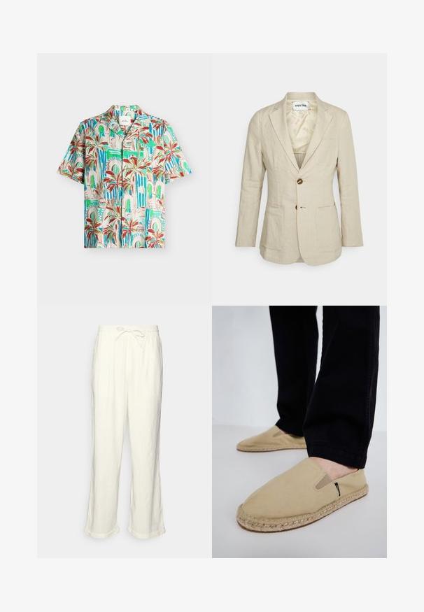 Heathe SINGLE BREASTED - Veste de costume - oat; Chemise à manches courtes boutonnée avec imprimé palmiers tropicaux et arcade en tons verts, bleus, rouges et beiges sur un fond clair.; Pantalons en lin blanc cassé avec une taille élastique, jambes légèrement larges et ourlets roulés pour un look décontracté. Pas de poches.; Chaussures slip-on en toile beige avec des goring élastiques, semelle en corde de jute et coutures contrastantes. Portées avec un pantalon noir fuselé.