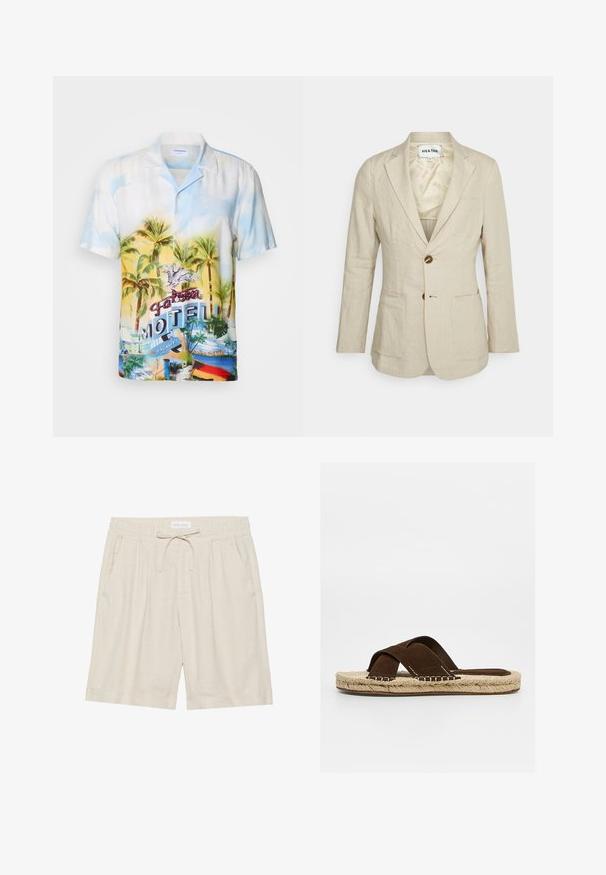 Heathe SINGLE BREASTED - Colbert - oat; Korte mouwen overhemd met knopen in lichte stof, versierd met een tropische print van palmbomen, zonsondergangkleuren en een "Falcon Motel" grafisch ontwerp.; Beige linnen shorts met een elastische tailleband, trekkoord en zijzakken. Ontspannen pasvorm met een rechte pijp en omgeslagen zoom.; Bruine suède herenslide met gekruiste bandjes en gevlochten jutezool, zijaanzicht op witte achtergrond.