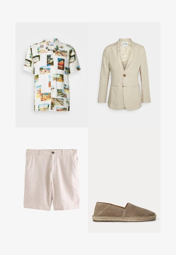 Heathe SINGLE BREASTED - Chaqueta de traje - oat; Camisa blanca de manga corta que presenta un collage de fotografías de paisajes tropicales en varios colores. Tejido ligero, cierre frontal de botones y ajuste relajado.; Pantalones cortos casuales beige de hombre con botón frontal, trabillas para cinturón, bolsillos laterales y secciones elásticas en la cintura.; Zapato espadrille de ante beige con suela de yute trenzado y puntera cerrada y redondeada, mostrado de lado sobre un fondo liso.