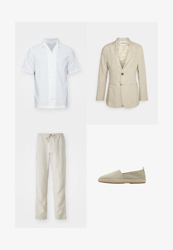 Heathe SINGLE BREASTED - Veste de costume - oat; Chemise en lin à manches courtes de couleur blanche claire, avec un col, un devant boutonné et une texture subtile. Présente un ourlet droit et des manches retroussées.; Pantalons en lin beige clair avec une coupe droite, une taille élastique, un cordon de serrage ajustable et sans motifs ni accessoires visibles.; Espadrille beige en toile à enfiler avec semelle en corde tressée et petite boucle au talon, vue de profil sur fond blanc.