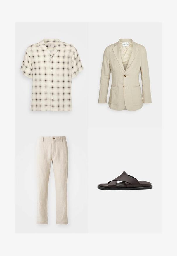 Heathe SINGLE BREASTED - Colbert - oat; Lichtcrème overhemden met korte mouwen en een zwart-grijze ruitpatroon, voorzien van een camp collar en één borstzak.; Beige linnen broek met een slim fit, voorzien van een enkele bruine knoopsluiting, rechte pijpen en een gestructureerde stofafwerking.; Stuart Weitzman BERKLEY - Muiltjes - espresso