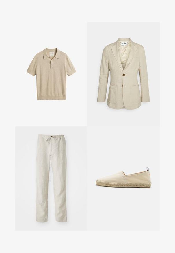 Heathe SINGLE BREASTED - Veste de costume - oat; Polo beige à manches courtes avec poignets et ourlet côtelés, patte à deux boutons, et étiquette de la marque GANT à l'intérieur du col.; Pantalons en lin beige clair avec une coupe droite, une taille élastique, un cordon de serrage ajustable et sans motifs ni accessoires visibles.; Espadrille en toile beige avec un bout rond, semelle en jute tressé et un petit accent rouge et bleu sur le talon. Légère et sans fermeture.
