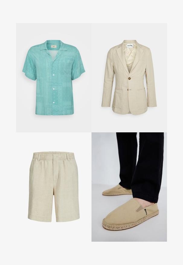 Heathe SINGLE BREASTED - Colbert - oat; Korte mouwen, geknoopte overhemd in licht teal stof met een subtiele, patroondesign met stukken en texturen. Eén borstzak.; Beige knielange shorts met elastische tailleband, riemlussen, voorste knoop en ritssluiting gemaakt van lichte stof.; Beige canvas instapschoenen met elastische inzet, jute touwzool en contrasterende stiksels. Draag ze met zwart taps toelopende broek.