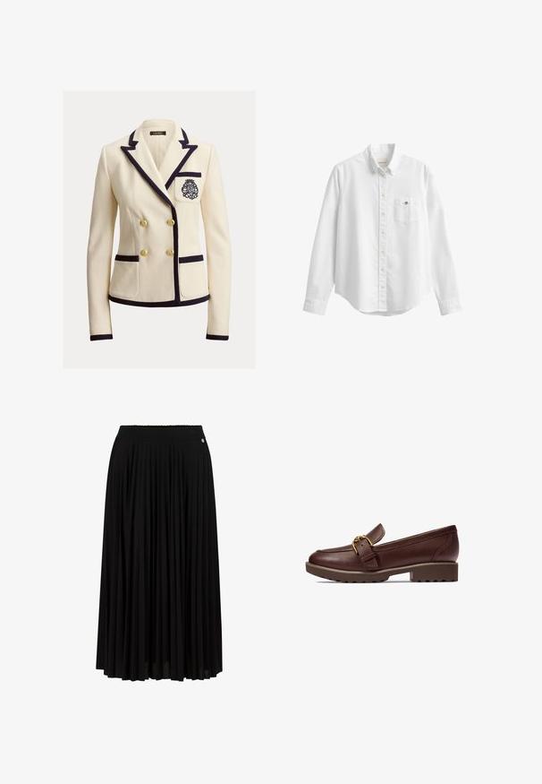 Blazer de couleur crème en tissu texturé, avec des bordures bleu marine, des boutons dorés et un logo brodé décoratif sur la poche poitrine.; Chemise blanche à manches longues boutonnée avec col et poche poitrine avec un petit logo brodé sur fond uni.; Jupe maxi plissée noire avec une taille texturée et un subtil détail métallique. Fabriquée en tissu léger pour faciliter les mouvements.; Mocassin en cuir marron avec bout rond, boucle dorée en accent et semelle en caoutchouc marron texturé. Comporte un petit talon carré et des détails piqués.