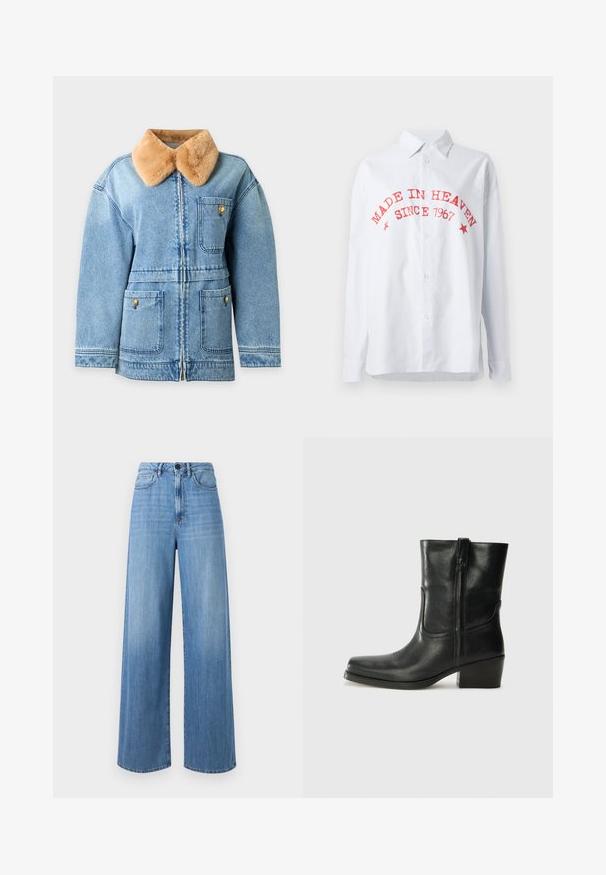 Lyseblå denimjakke med tan imiteret pelskrave, foran lynlås og tre påsyede lommer med knaplukning.; Stribet button-up skjorte i blå og hvid, med rød tekst: "LAVET I HIMLEN SINCE 1967." Lange ærmer, afslappet pasform, blanding af bomuldsstof.; Lyseblå brede jeans lavet af denim, med høj talje, bælte loops, forlommer og kontraststikninger.; Sort læder ankelstøvle med rundt tå, blokhæl, lynlås i siden og stikninger på vampsiden. Glat tekstur, klassisk design.